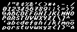 Full display of the 8×8 pixel font EK-ANGLE. This is a conventional sans-serif font with a strong slant.