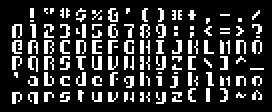 Full display of the 8×8 pixel font EK-PIPER. It is a stylized sans-serif font with both thick and thin strokes along with gaps where strokes can be implied.