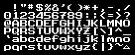 Full display of the 8×8 pixel font EK-SPACE. This is a straightforward sans-serif with a few rounded corners in the lowercase.