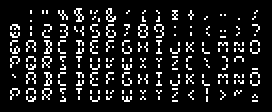 Full display of the 8×8 pixel font EK-SPELL. This is an approximation of a sixteen-segment LED display, similar to those used in the original Speak&Spell toy.